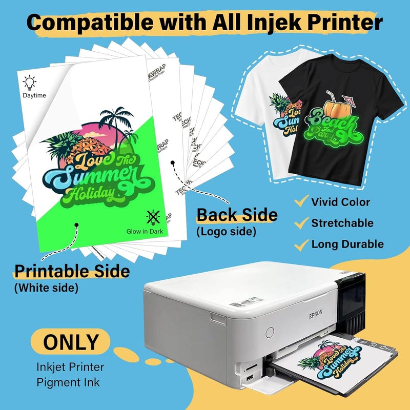 TECKWRAP Printable Heat Transfer Paper for T-Shirts 10 Sheets, 8.3" X 11.7" Printable Heat Transfer Vinyl for Inkjet Printer, Iron on Transfer Paper for Light and Dark Fabric (Glow in Dark) - Image 3